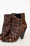 Side view of black and brown leopard print pointed toe ankle boot with conical heel.
