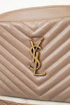 Beige quilted handbag with gold logo on a white background