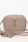 Beige handbag with a brand logo on a white background