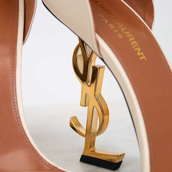 Close-up of YSL high-heeled shoes with logo on a white background