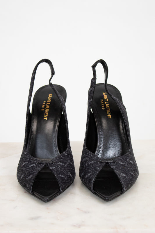 Front view of printed heels with open toe detail