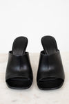 Pair of black open-toe shoes on a light gray background