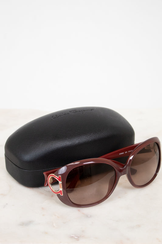 Sunglasses with a black case on a light background