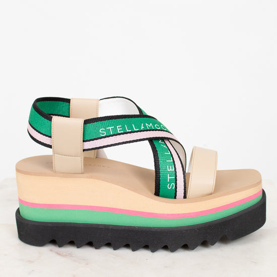 Colorful sandal with 'Stella McCartney' branding on a white background