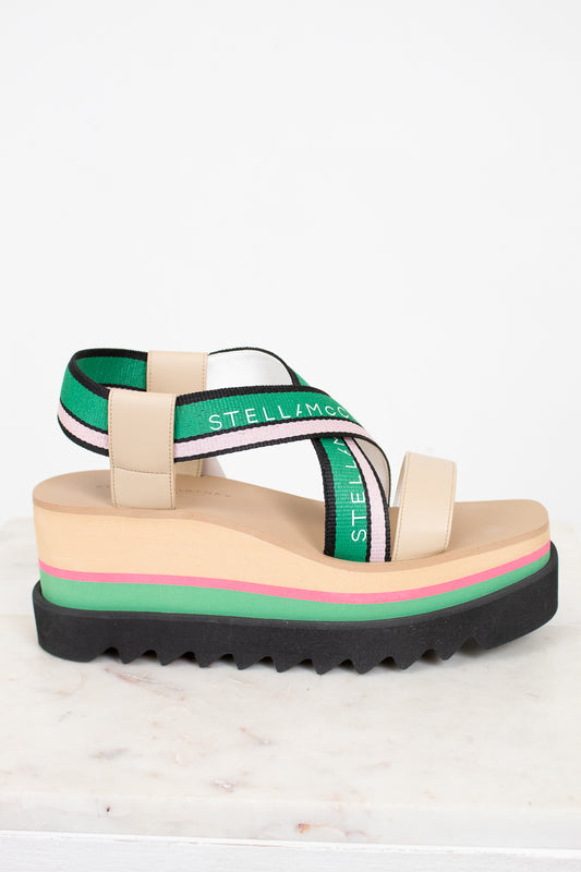 Colorful sandal with 'Stella McCartney' branding on a white background