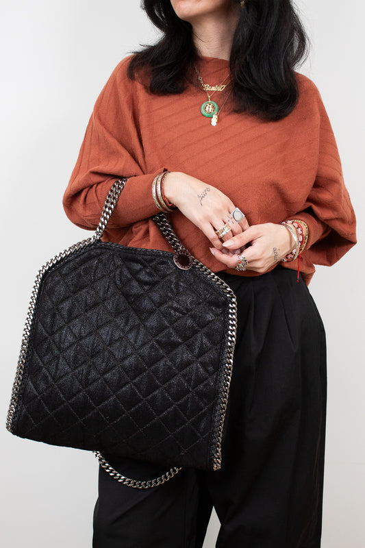 Person holding a black quilted handbag with a white background