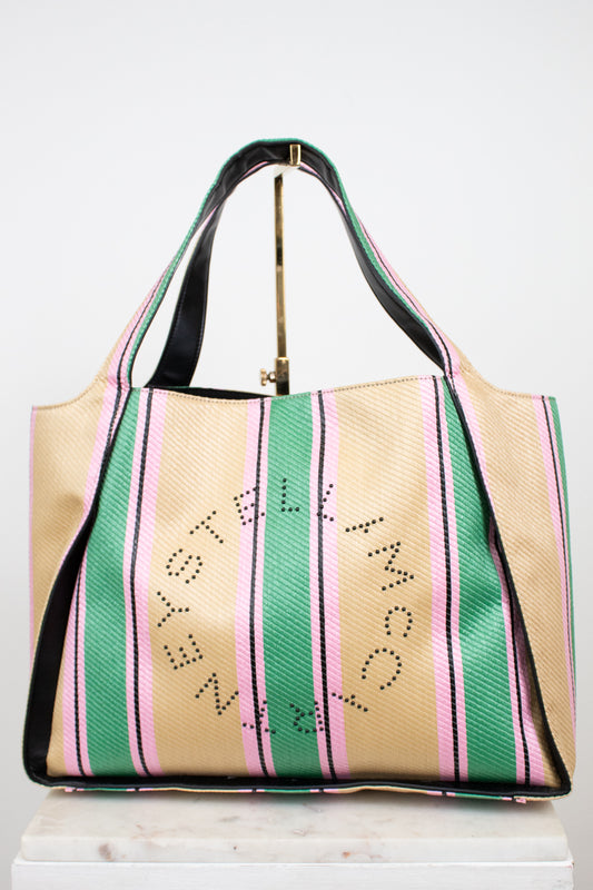 Striped handbag with 'Stella McCartney' branding on a white background