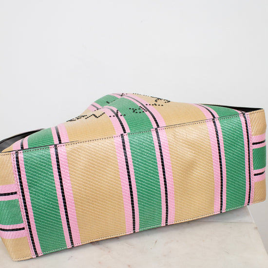 Striped bag with pink and green pattern on a white background