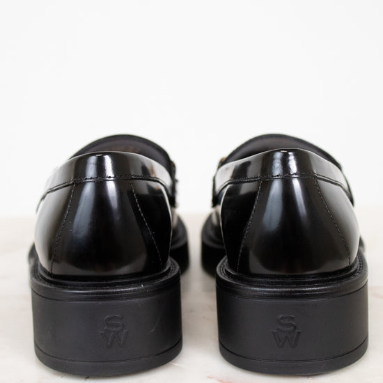 Pair of black loafers on a white background