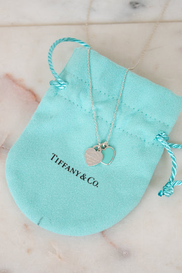 Double heart pendant necklace of 'Tiffany & Co.' turquoise pouch