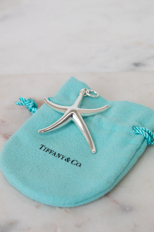 Silver starfish pendant on a Tiffany & Co. branded pouch.