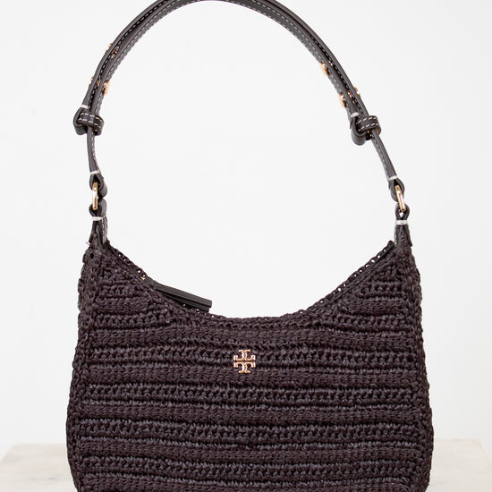 Brown woven handbag with a Tory Burch logo on a white background
