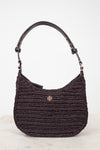 Brown woven handbag with a Tory Burch logo on a white background