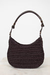 Brown crochet handbag with brown handle on a white background