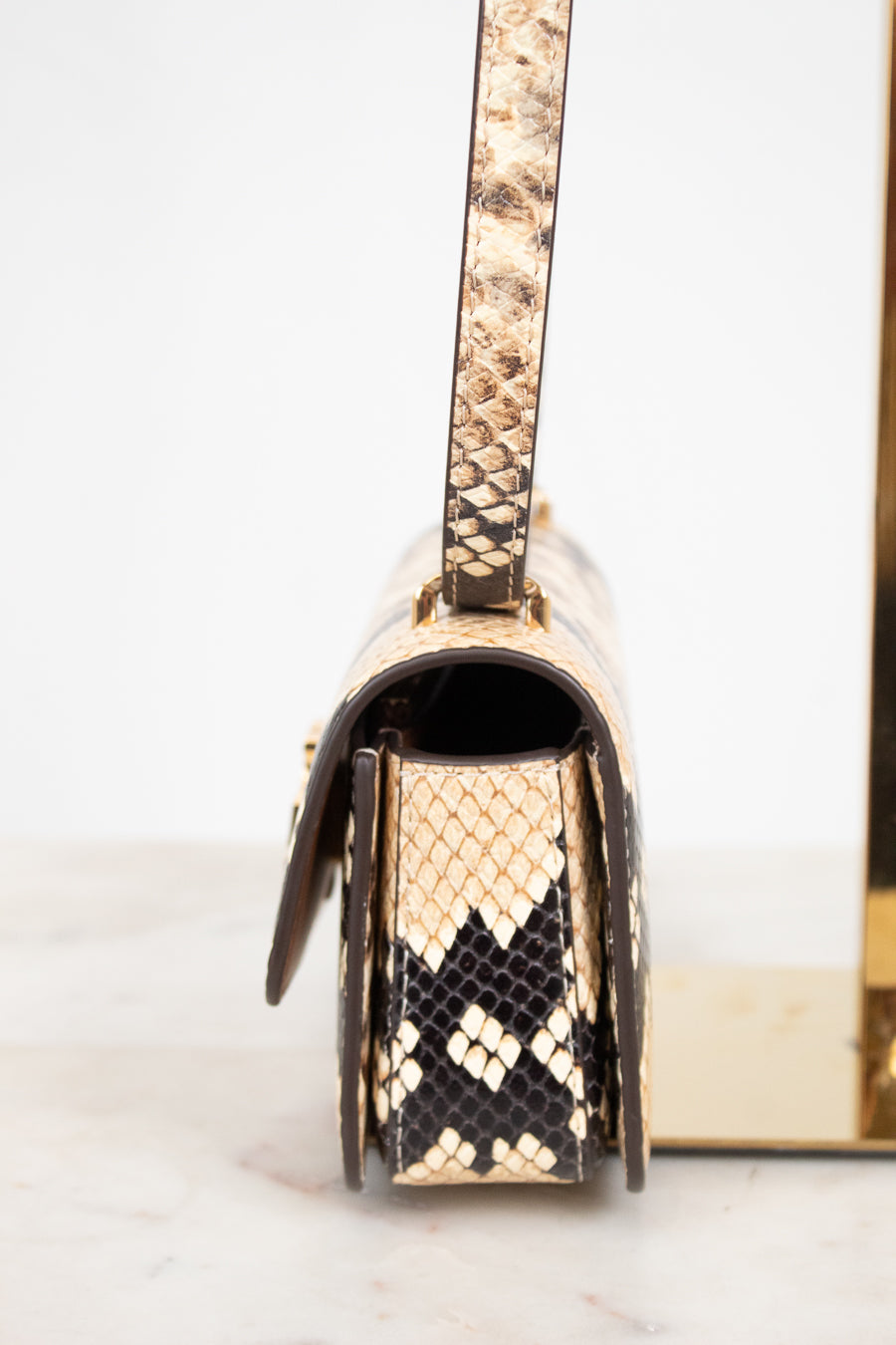 A close-up side view of a snakeskin leather handbag,  featuring a gold-tone metal frame and strap attachment, set against a clean white background.