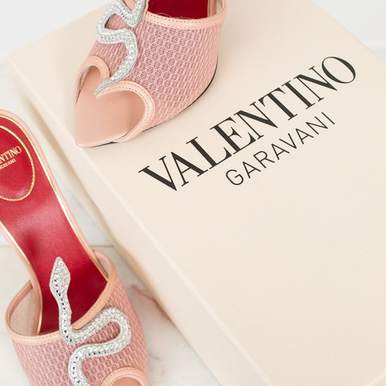 Pink high-heeled shoes with decorative elements on a Valentino Garavani box.