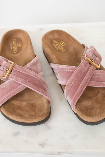Pink velvet brown sole sandals