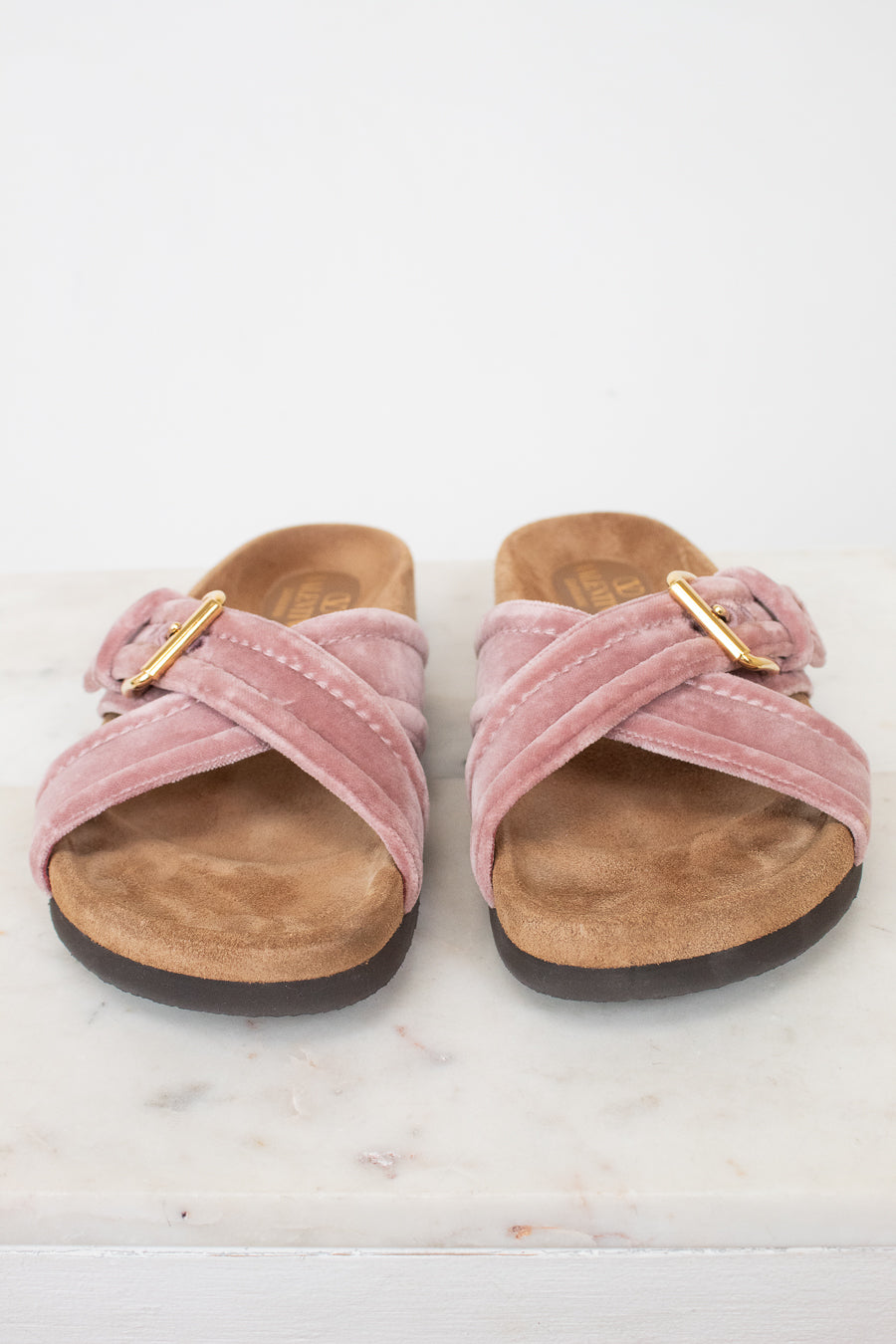 Pink velvet brown sole sandals