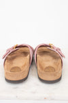 Back view of pink velvet sandal with  brown sole 