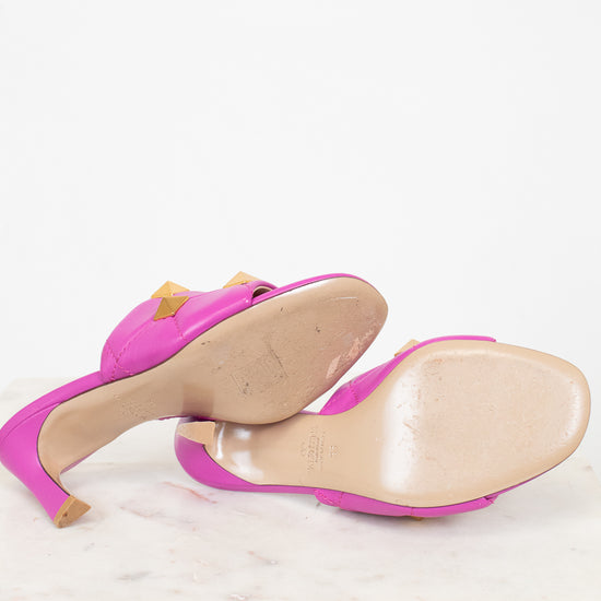 Pair of pink heeled sandals on a white background
