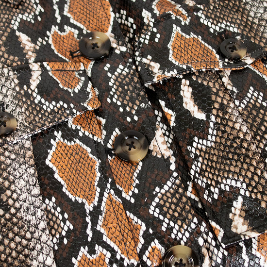 Close-up of a snake skin with brown and black pattern