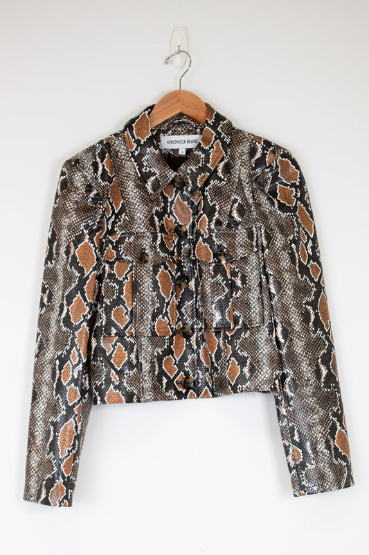 Snake print jacket on a hanger against a white background