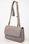 Gray handbag with chain strap on a white background